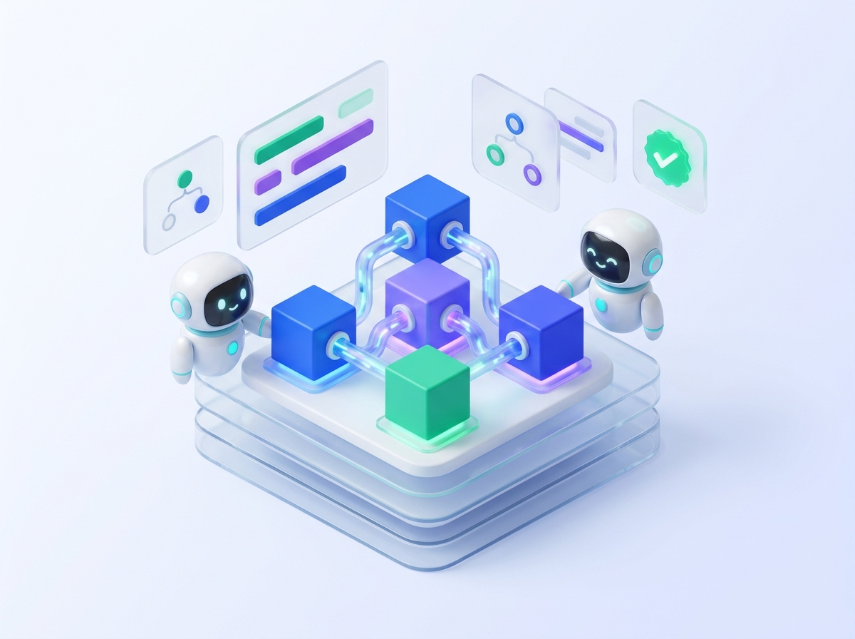 3D isometric illustration of the AI Coworker & Supervisor Orchestrator Hub with Human-in-the-Loop Approval Gate